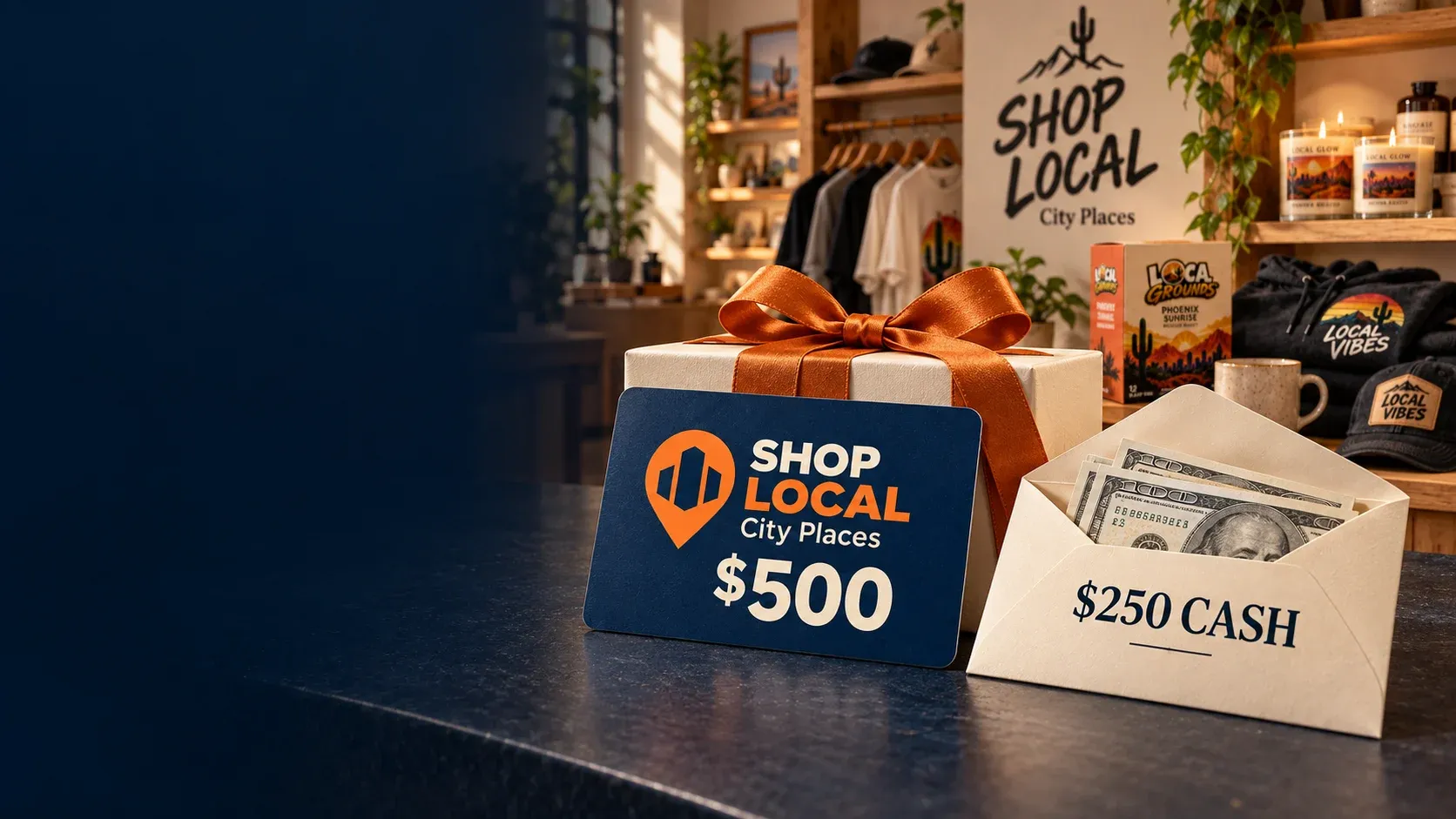 $500 SHOP LOCAL New Mexico Places gift card and $250 cash envelope in front of a SHOP LOCAL store and product display.